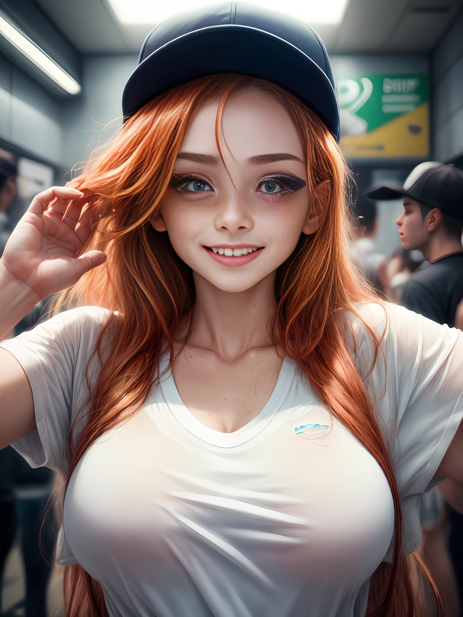 (insanely detailed, beautiful detailed face, masterpiece, best quality), ginger hair, ultra detailed beautiful eyes, red eyes, very long hair, blush, looking at viewer, big boobs, glowing eyes, freckles, sweat drop, (subway background), blushed, beautiful detailed glow, lots of glow, smiling, bubble personality, happy, joyful personality, extroverted personality, only face, wearing a giant white oversized T-shirt, wearing light blue baseball cap, dynamic angle, freckles, hand on neck, collarbone,