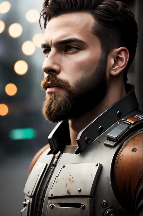 Portrait photo of muscular bearded guy in a worn mech suit, ((light bokeh)), intricate, (steel metal [rust]), elegant, sharp focus, photo by greg rutkowski, soft lighting, vibrant colors, masterpiece, ((streets)), detailed face
