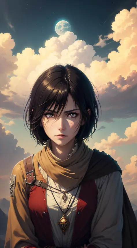 ((best quality)), ((masterpiece)), (detailed), mikasa ackerman, black hair, black eyes, horror beauty, perched on a cloud, (fant...