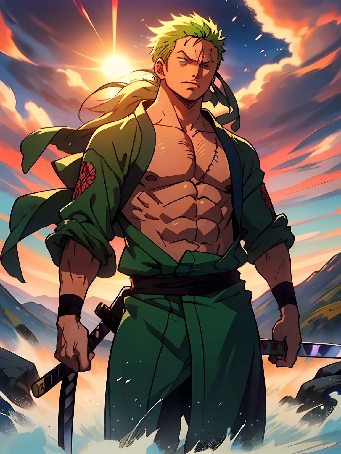 Roronoa Zoro (傑作, 4K解像度, 超リアル, 非常に詳細), 長い緑色のストレートヘア, (白いサムライのテーマ, カリスマ的な, 日本人の隣に剣士がいる "乗る" バー, 雲の模様が描かれた青い着物を着て "心臓" 追跡, 彼は麦わらの一味のリーダーの第一部隊の指揮官である, 仕事 "ワンピース"), [ ((19年), (長い緑色のストレートヘア:1.2), 長い緑色のストレートヘア, 全身, (青い目:1.2), ((Roronoa Zoro's pose), 力の誇示, 片手で刀を抜く閻魔), ((日本の農村環境):0.8)| (田園風景, 夕暮れに, ダイナミックライト), (目がくらむ太陽)), 刀 1本]. # 説明: プロンプトは主に超高精細の4K絵画について説明します, 長い緑色のストレートヘア, とても現実的, 非常に詳細. 剣士を表している, 三刀流刀の達人, 腰帯に雲の模様が入った青い着物を着て. 絵画の主題は白人の剣士である, 片手に黒刀閻魔を持ち, 男性主人公は長い緑色のストレートヘアをしている, is 19年 old and his entire defined body is shown in the painting, 膨らんだ肥満体型の特徴を持つ.