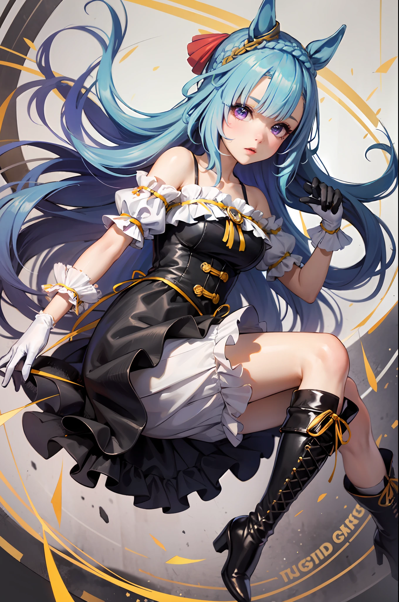 best quality,masterpiece, high res, beautiful detailed eyes,ultra-detailed, mejiro ardan \(umamusume\), ear ornament, gloves, black gloves, white gloves, asymmetrical gloves, mismatched gloves, detached sleeves, puffy sleeves, short sleeves, long sleeves, asymmetrical sleeves, uneven sleeves, ribbon, bare shoulders, off-shoulder dress, black dress, frilled dress, center frills, knee boots, asymmetrical footwear, mismatched footwear,running figure, full body wide angle, serious expression,