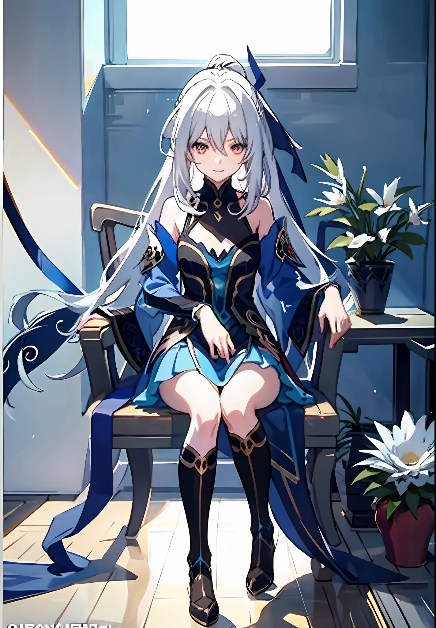 Anime girl sitting on chair with flower pot in hand, cute anime huaifu in beautiful clothes, beautiful and seductive anime woman, epic light novel art cover, 8k high quality detail art, epic light novel cover art, beautiful anime girl, beautiful anime woman, detailed key anime art, seductive anime girl, anime goddess, beautiful fantasy anime, 4K