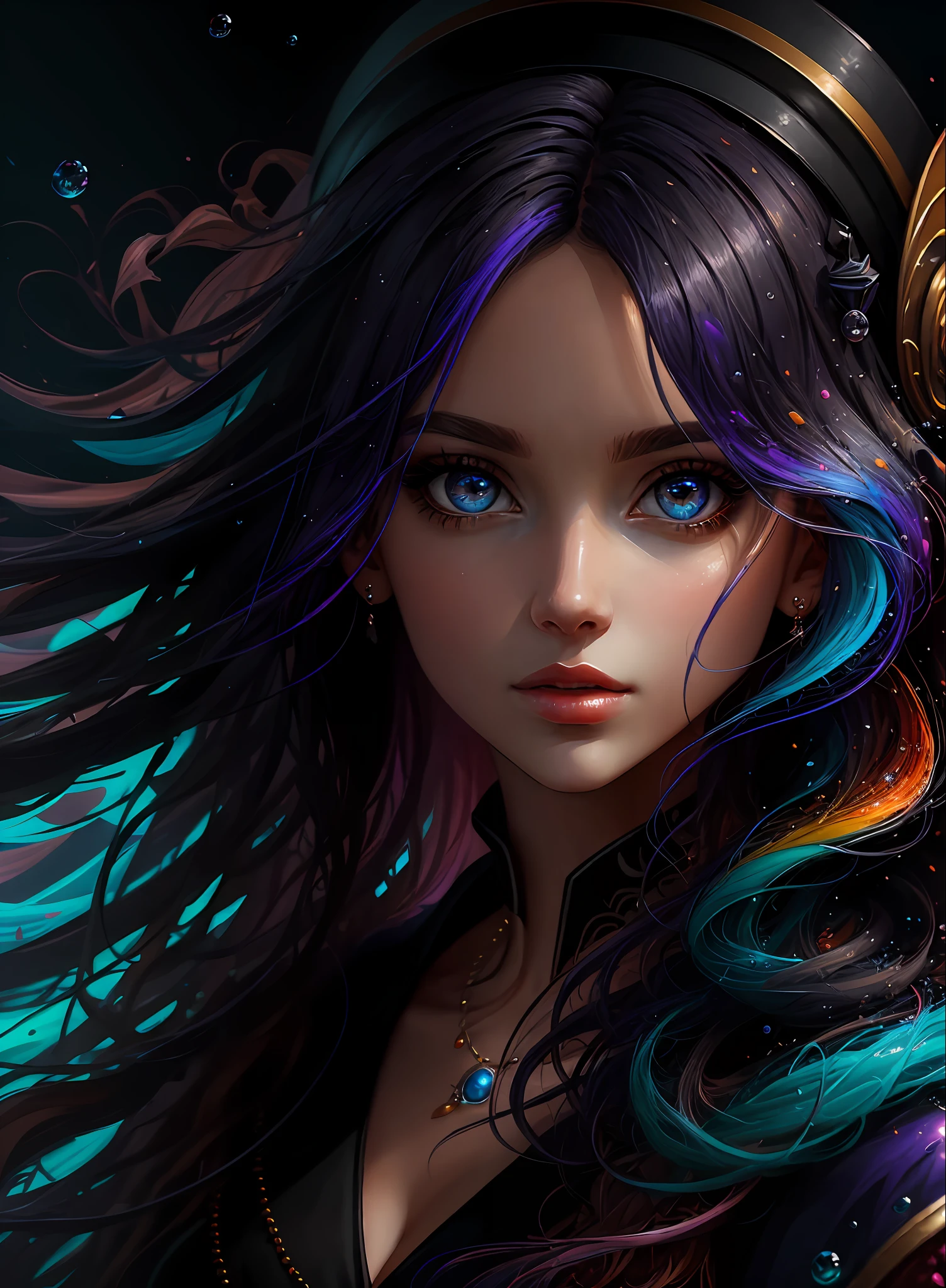 ((Best Quality)), ((Masterpiece)), (Real), (Details), (Details), (1 Woman) close-up portrait of woman with colorful hair, dreamy beautiful woman, 4K high-definition digital art, stunning digital illustration, stunning 8K artwork, colorful digital fantasy art, colorful and dark, beautiful digital artwork, colorful digital painting, Digital Anime Art, Portrait of Girl with Bright Waves, 8K HD Digital Wallpaper Art, Gorgeous Digital Painting