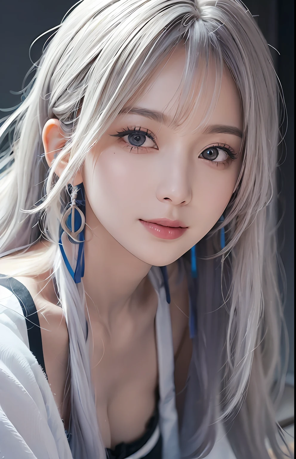 (Ultra Realistic), (Illustration), (High Resolution), (8K), (Very Detailed), (Best Illustration), (Beautiful and Detailed Eyes), (Best Quality), (Ultra Detailed), (Masterpiece), (Wallpaper), (Detailed Face), Solo, One Girl, Viewer, Fine Detail, Detailed Face, In the Dark, Deep Shadows, Low Key, pureerosfaceace_v1, Smile, Long Hair, 46-point oblique bangs, showing the whole body, legs, white hair, sitting