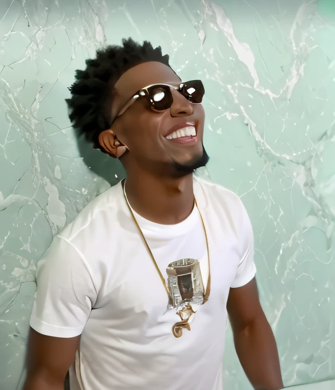 arafed boy with a white shirt and sunglasses smiling and looking up, background is heavenly, black teenage boy, earing a shirt laughing, music video, he is smiling, insane smile, brown skin man with a giant grin, tyler, mutahar laughing, riyahd cassiem, tommy 1 6 years old, xxxtentacion, youtube video screenshot