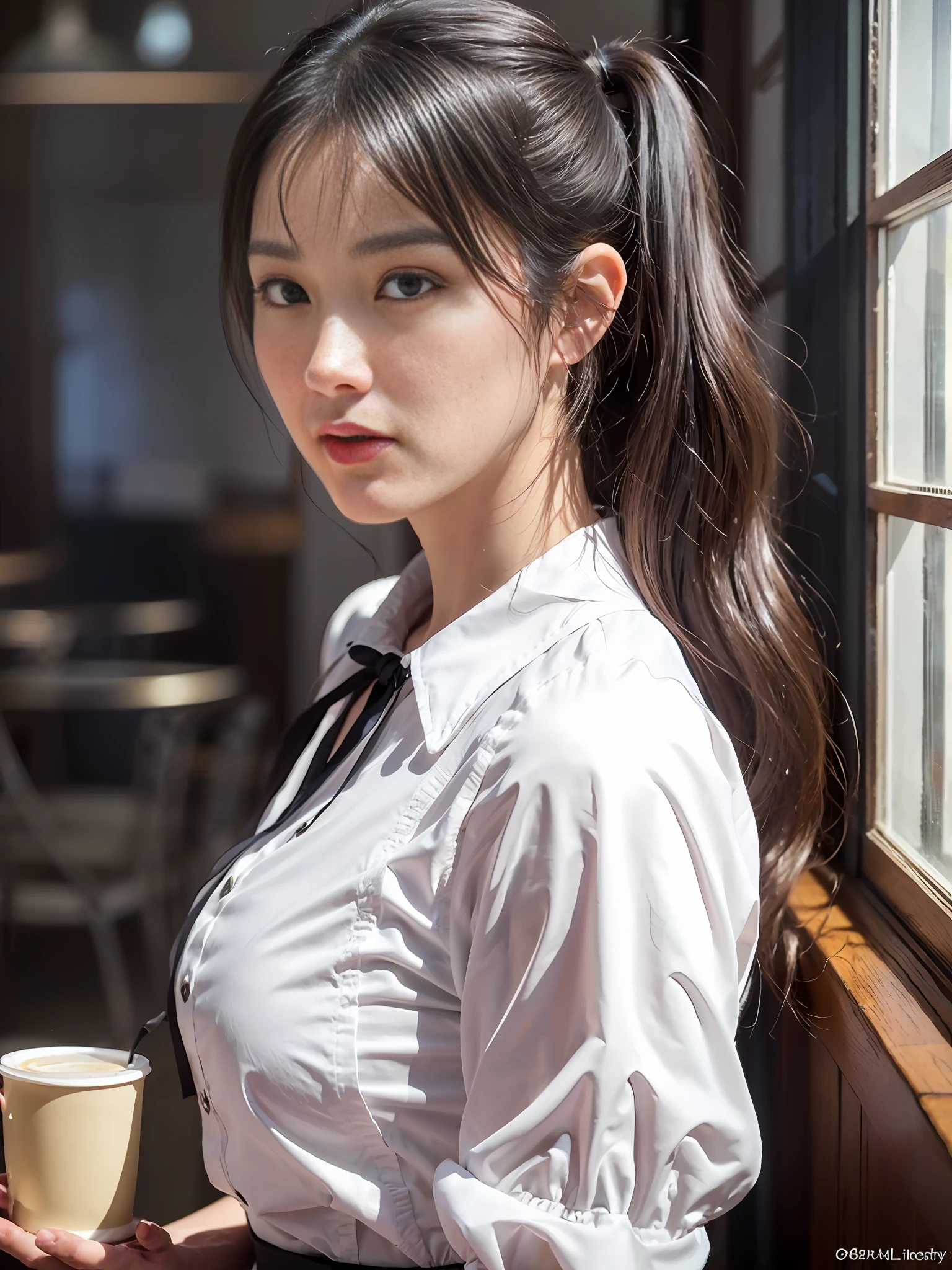 mature barista woman, (masterpiece: 1.3), (8k, photorealistic, RAW photos, best quality: 1.4), (1girl), shallow depth of field, focused face, soft focus, beautiful face, (backlight: 1.5), (surroundings: 1.3), (realistic face), (black hair, medium short: 1.3), loose wavy hair, short bangs, Ponytail, Pigtails, Braids, Realistic eyes, Dark brown eyes, Pupil highlights, Beautiful detail eyes, (plenty of natural light), (Realistic skin), Beautiful skin, (White collar blouse), (Apron), (Carrying tray), Absurd, Attractive, Ultra High Definition, Ultra Realistic, High Definition, Golden Ratio, Detailed Cafe Dining Background, Blackboard Menu, Backlight from the back window, pale skylight with natural light, natural light lighting from diagonally in front of the face, (small head), (small), perfect anatomy