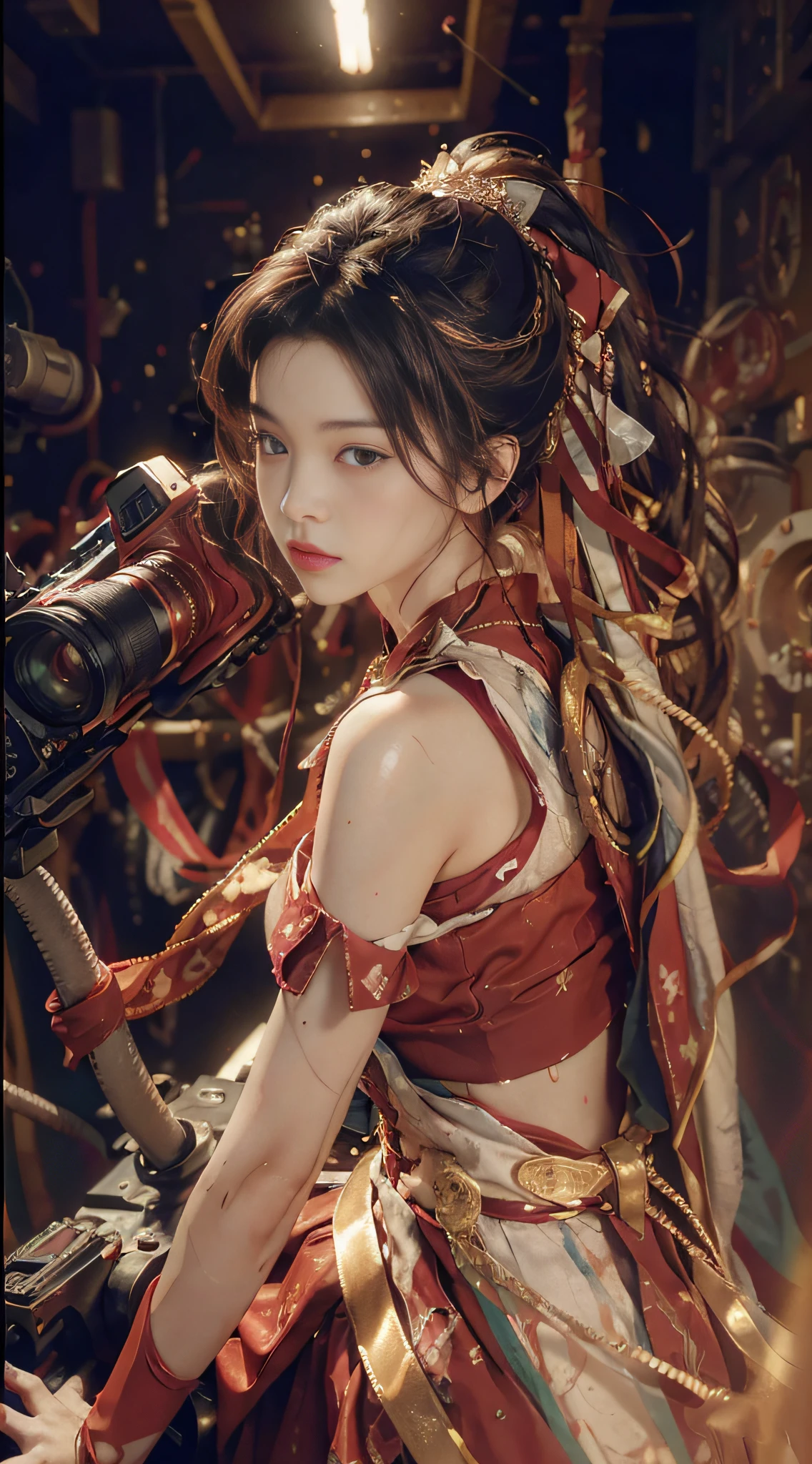 (1girl:1.3), solo, __body-parts__, official art, unified 8k wallpaper, super detailed, beautiful and aesthetic, beautiful, masterpiece, best quality, raw, masterpiece, super fine photo, best quality, super high resolution, photorealistic realism, sunlight, full body portrait, amazing beauty, dynamic pose, delicate face, vibrant eyes, (viewed from the side), she is wearing futuristic Iron Man mech, red and gold color scheme, very detailed abandoned warehouse background, Detailed face, detailed complex busy background, messy, gorgeous, milky white, highly detailed skin, realistic skin details, visible pores, sharp focus, volumetric fog, 8k uhd, DSLR camera, high quality, film grain, fair skin, photo realism, lomography, huge metropolis in future dystopia, from below, translucent (RAW photo, best quality), (realistic, photo-realistic:1.3), best quality, highly detailed, masterpiece, ultra-detailed, illustration, 1girl, upper_body, dynamic angle, world mastery theater, messy_long_hair,best quality, Extremely detailed CG unity 8k wallpaper, ink, amazing, cinematic lighting, lens_flare, dunhuang_style