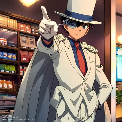 masterpiece, best quality, 1boy, solo, white suit, white cape, top hat, monocle, red necktie, blue shirt, white gloves, pointing...