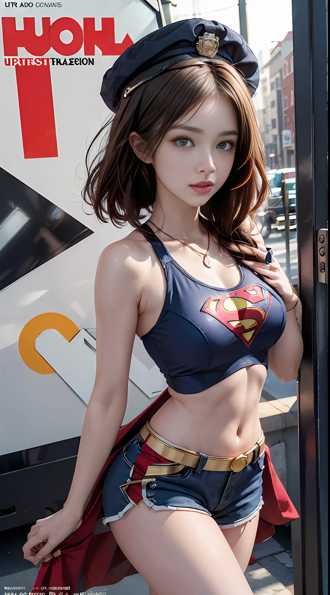 ((((最好的品質))), (((超詳細))), (((傑作))), 插圖,(Magazine cover style 插圖 of a trendy blonde woman with a vibrant outfit with superman's letter S on her chest), 在色彩繽紛、動態的背景前擺姿勢. 她表情自信，手裡拿著一件個性配件, 封面上的文字應該是粗體且引人注目的, 帶有雜誌標題和吸引人的標題. 整體風格應該是摩登現代的, with a focus on 時尚 and lifestyle),
壁紙, 人群, 時尚, 口紅, 光線追蹤, 景深, 街道, 公開的;當眾, 第一天女孩, 獨自的, 看著觀眾, 有光澤的皮膚, 對比, 臍, 膈, 項鍊, 女性焦點, 模型, 中等乳房, 藍眼睛, 街道, 公開的;當眾, 警察帽, 警察制服, 手銬, Supernan S 短褲, 雙臂交叉,
合法的, 透明的, 校服, 地留,
, 下胸, 飄逸的金髮, 性感的, 薄布料強調, 動態姿勢, 負空間: 0.35, 實際的: 1.33, 胸前佩戴超人S標誌.