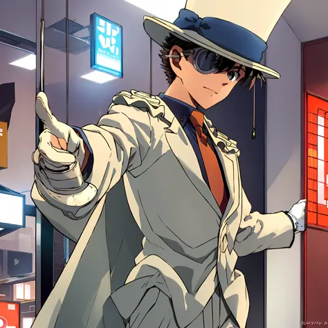 masterpiece, best quality, 1boy, solo, white suit, white cape, top hat, monocle, red necktie, blue shirt, white gloves, pointing...