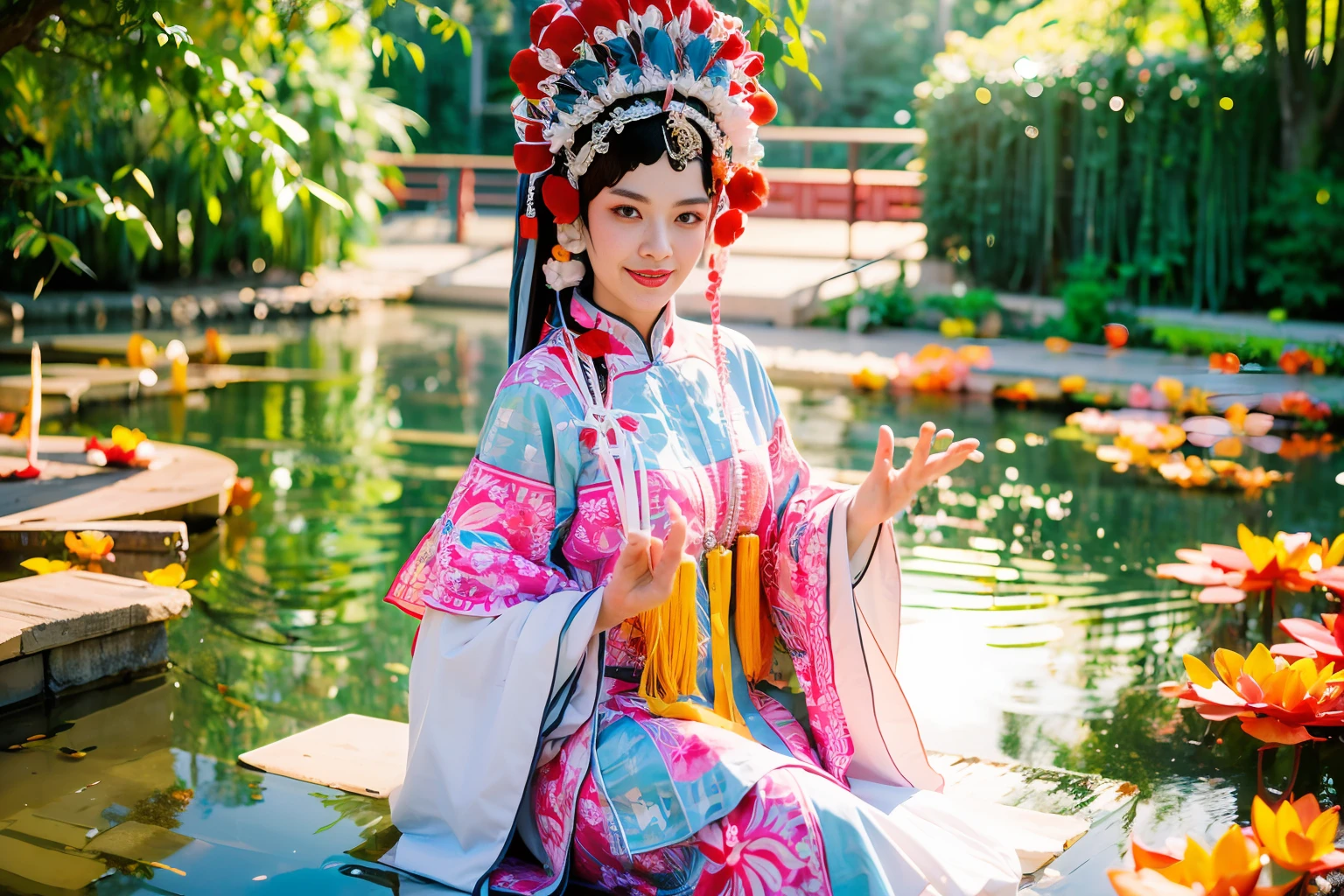 Nahaufnahme, eine Schönheit im Kostüm der chinesischen Peking-Oper, die auf einem Lotusteich schwimmt, 16k, beste Qualität, bokeh, Sanftes Licht, Raum, Kristallklar, Natürliches Licht, weißer Nebel, Lotusblätter im Teich, Super Detail