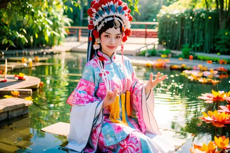 Close-up, a beauty in Chinese Peking Opera costume floating on a lotus pond, 16k, best quality, bokeh, soft light, space, crysta...
