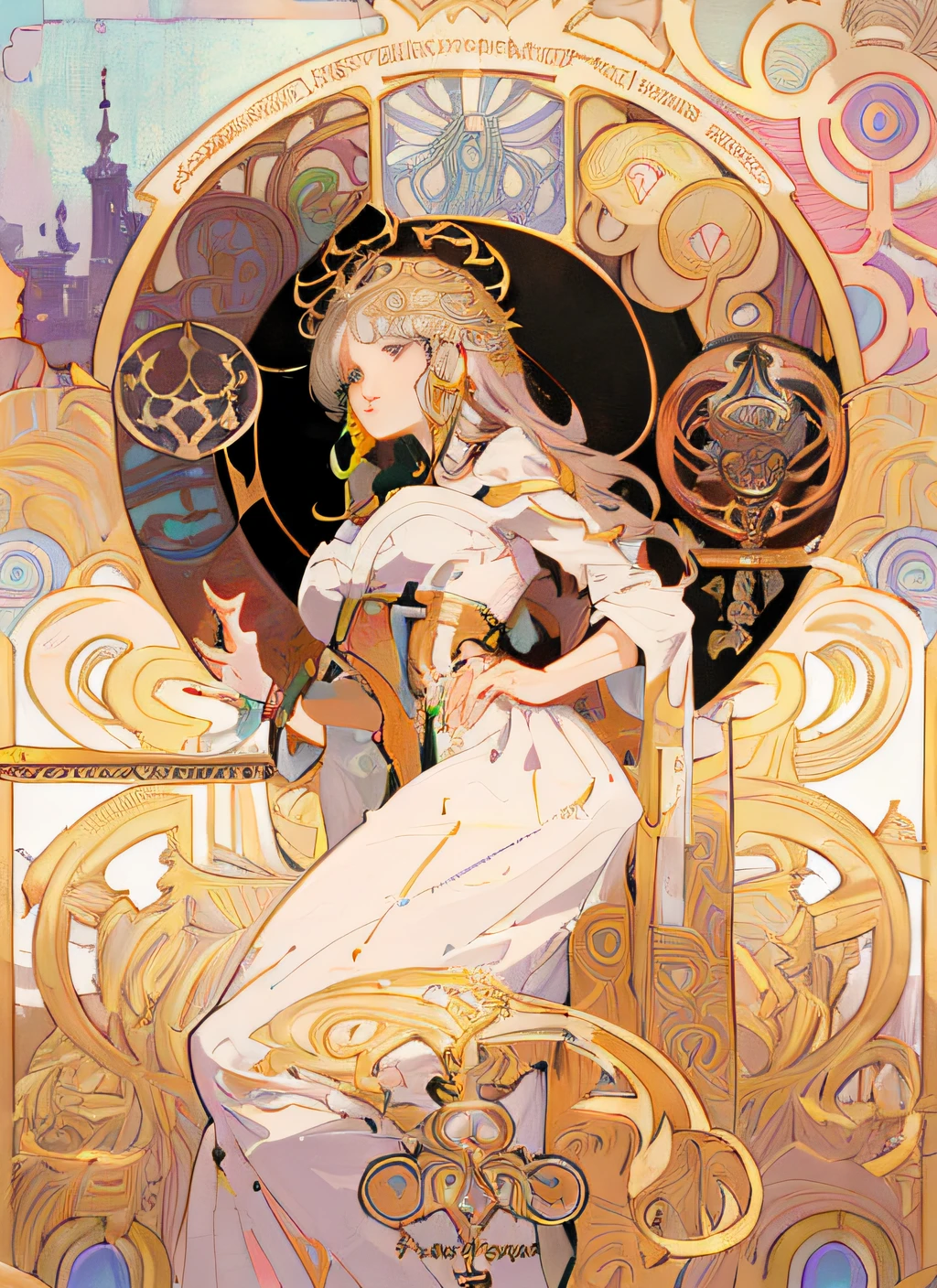 a close up of a woman in a dress holding a sword, alphonse mucha and rossdraws, anime art nouveau, anime art nouveau cosmic display, korean art nouveau anime, mucha. art nouveau. gloomhaven, art nouveau! cyberpunk! style, mucha style 4k, jc leyendecker and sachin teng, cyberpunk art nouveau