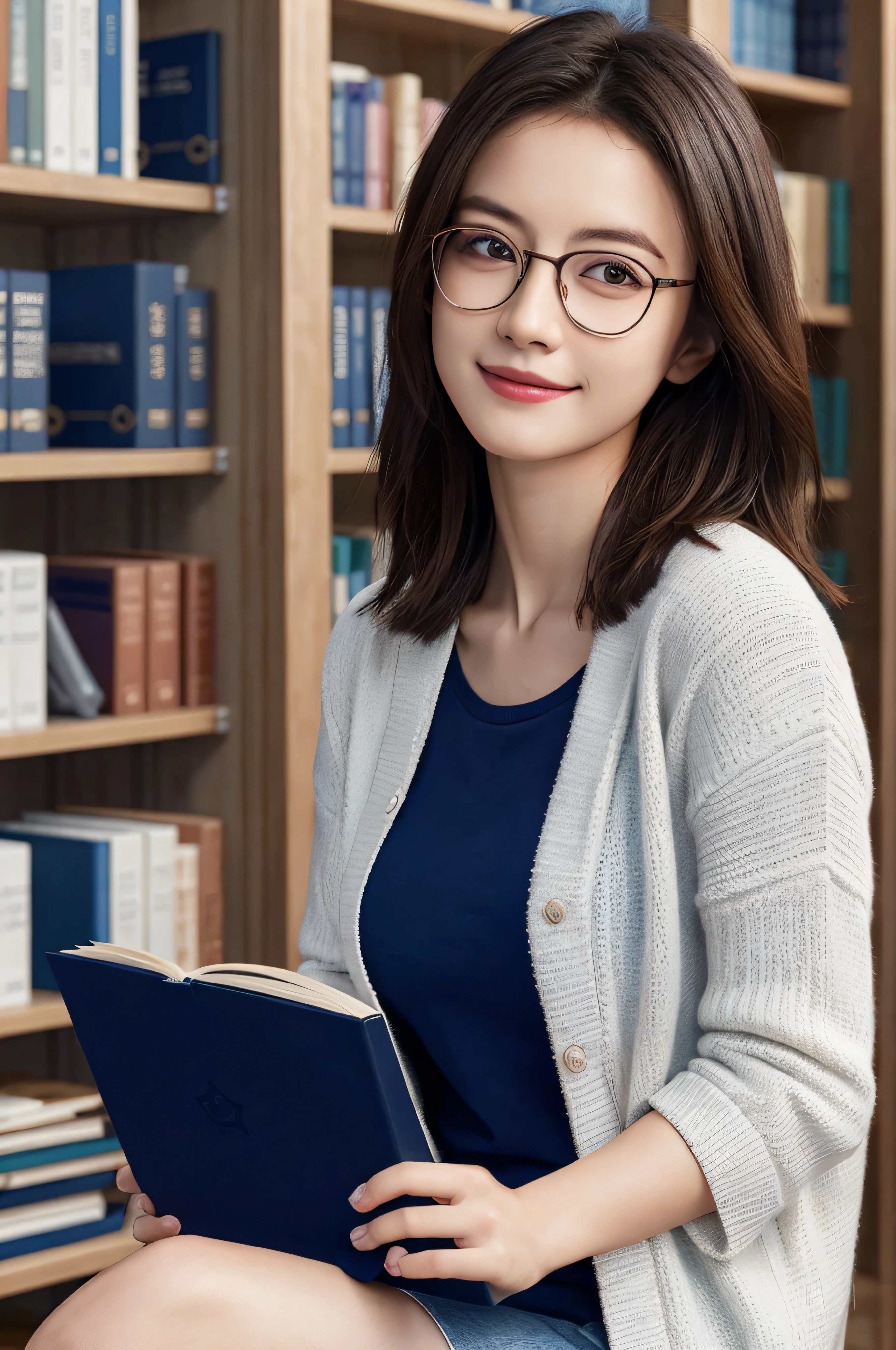 masterpiece, best quality, extremely detailed CG unity 8k wallpaper,
a beautiful girl, reading a book,
university student, glasses,
library, detailed background,