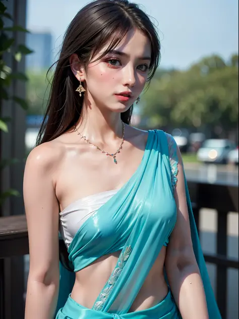 moefive,a girl,wearing an elegant 100% transparent saree,curly long  hair,deep black eyes - SeaArt AI