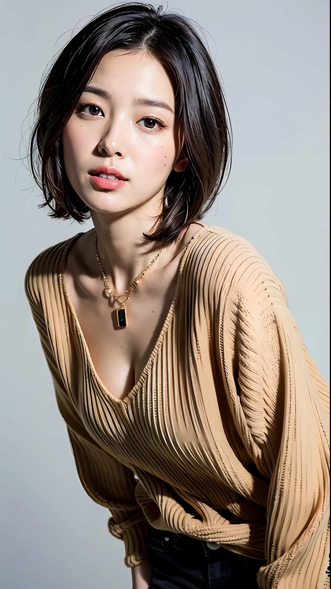 (Best Quality, 8k, 32k, Masterpiece, UHD: 1.2), Cute Japan Woman Pictures, Very Short Bob Hair, Face Focus, (oversized_sweater,:1.1) Necklace, Simple Background, Watch Viewer, Leaning Forward, Full Body