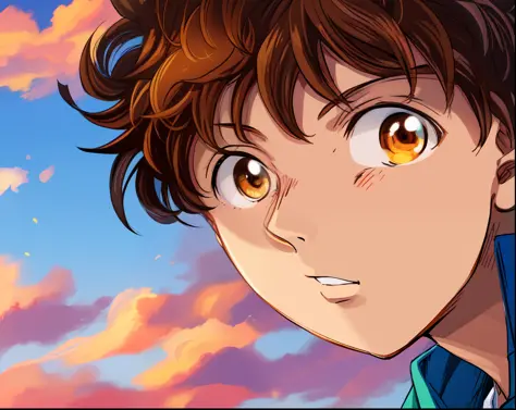 a anime of a man with a brown hair, jacket, focus, cloud, sunset, color manga, manga color, color manga, color manga panel, simp...
