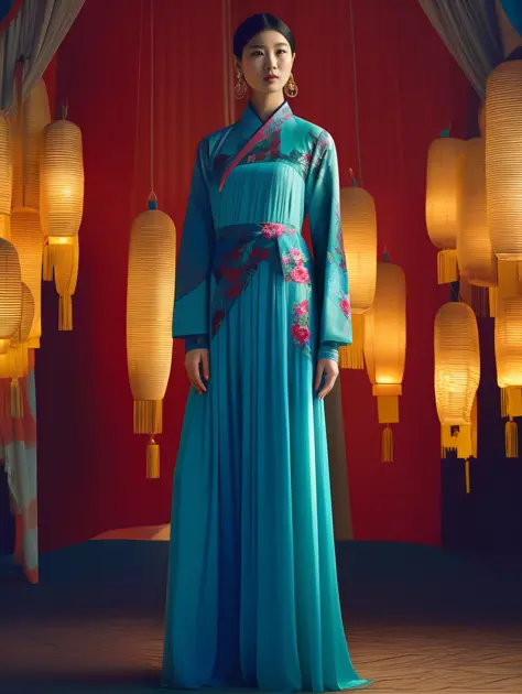 a regal model in a modern interpretation of the hanfu, radiating power and elegance, backlit by the ethereal glow of chinese lan...