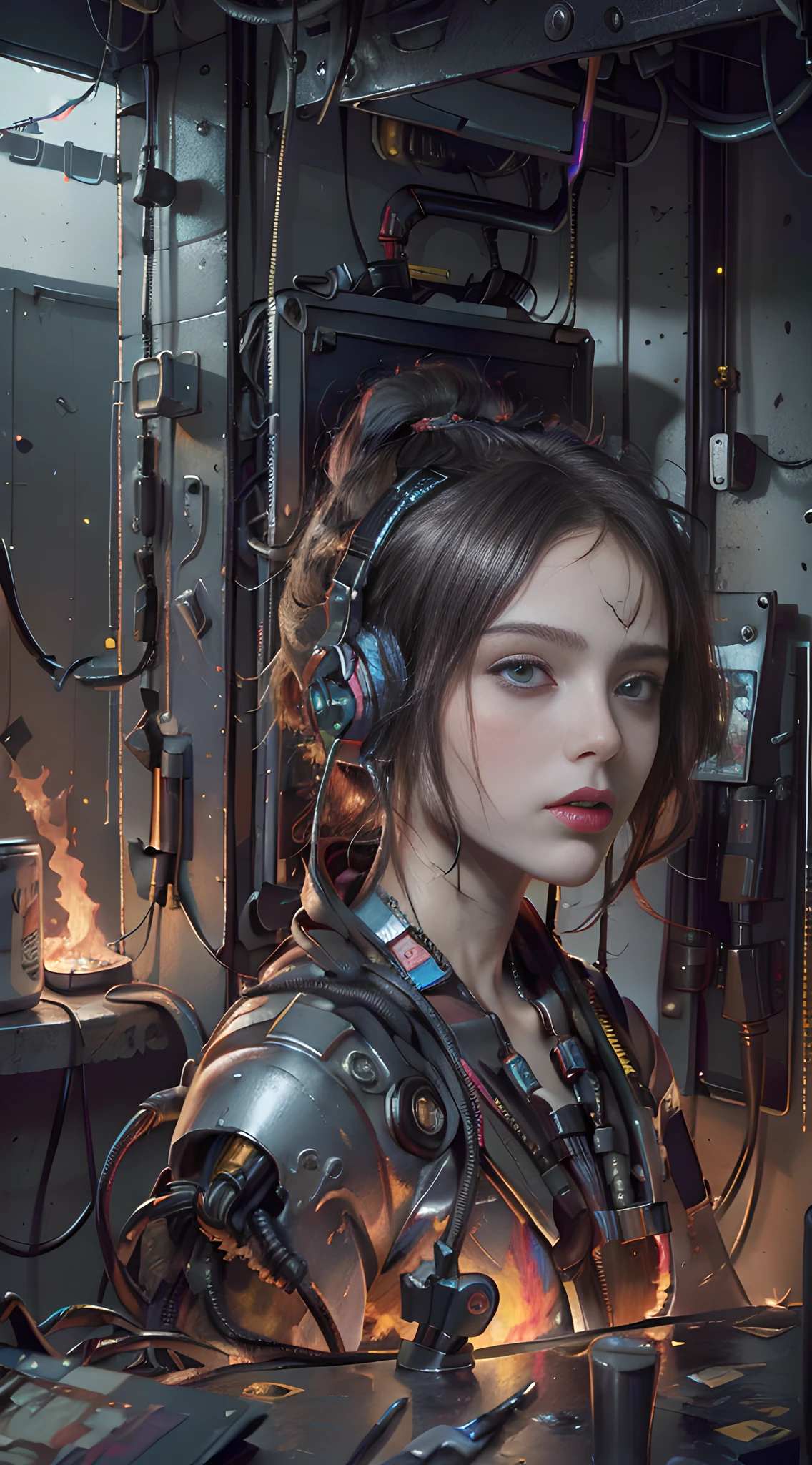 (masterpiece, best quality, highres, absurdres, detailed:1.2), humanoid, robot, wearing headphones, looking away, (cyberpunk, art canvas, paint brush, easel, iridescent, holographic: 1.6), (cables, wires, flames, fire, smoke, overheat, explosion, indoors, room, simple background)