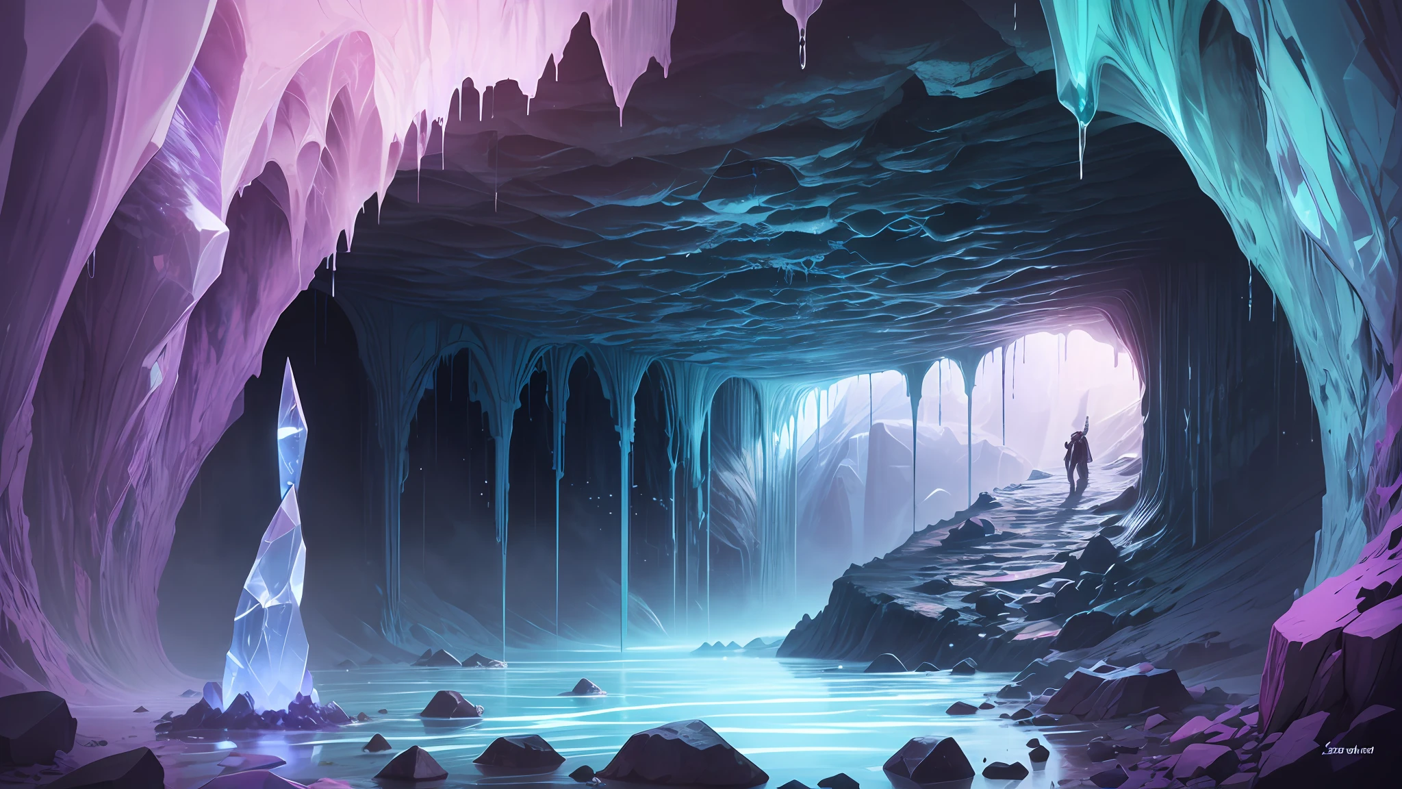 A person standing in a cave with a waterfall and ice formations - SeaArt AI