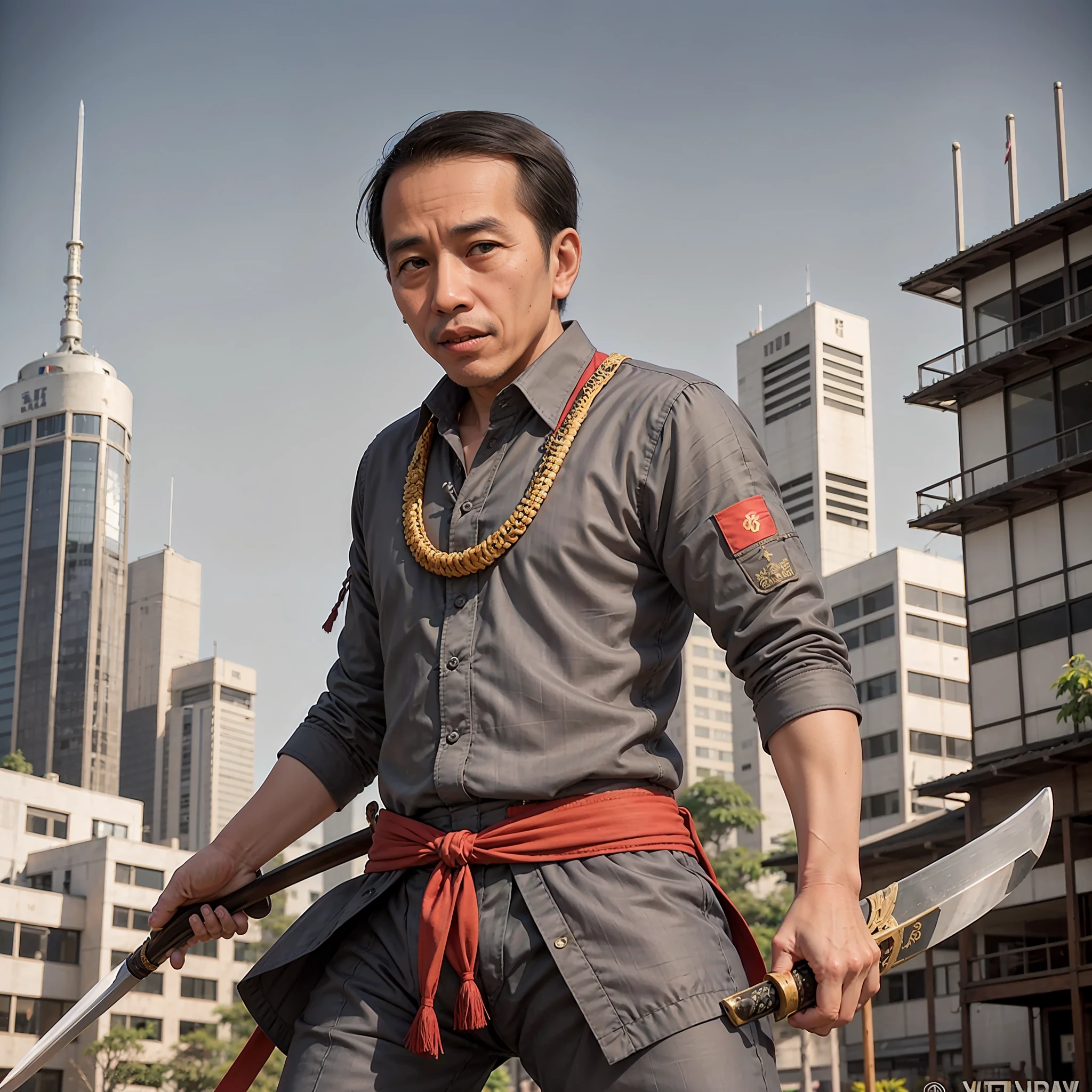 Jokowi como samurái. expresión enojada,llevando una espada, fotografía de modelo, retrato,de pie en la ciudad de Yakarta,Toma completa,cuerpo completo,