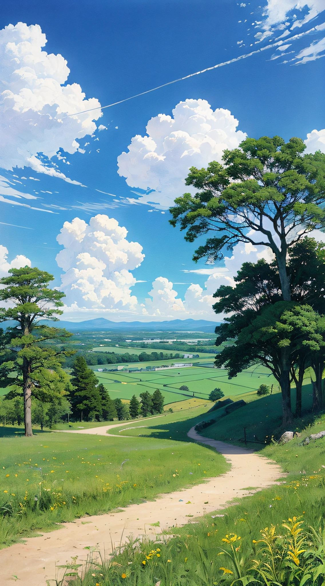 حقيقي, أصلي, لوحة زيتية جميلة ومذهلة للمناظر الطبيعية في استوديو جيبلي هاياو ميازاكي&#39;أرض عشبية بتلاتها ذات سماء زرقاء وسحب بيضاء --الإصدار6