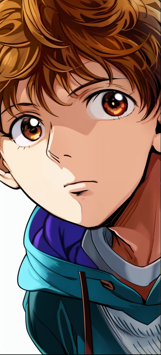 a anime of a man with a brown hair, close up, jacket, focus, color manga, manga color, color manga, color manga panel, simple background