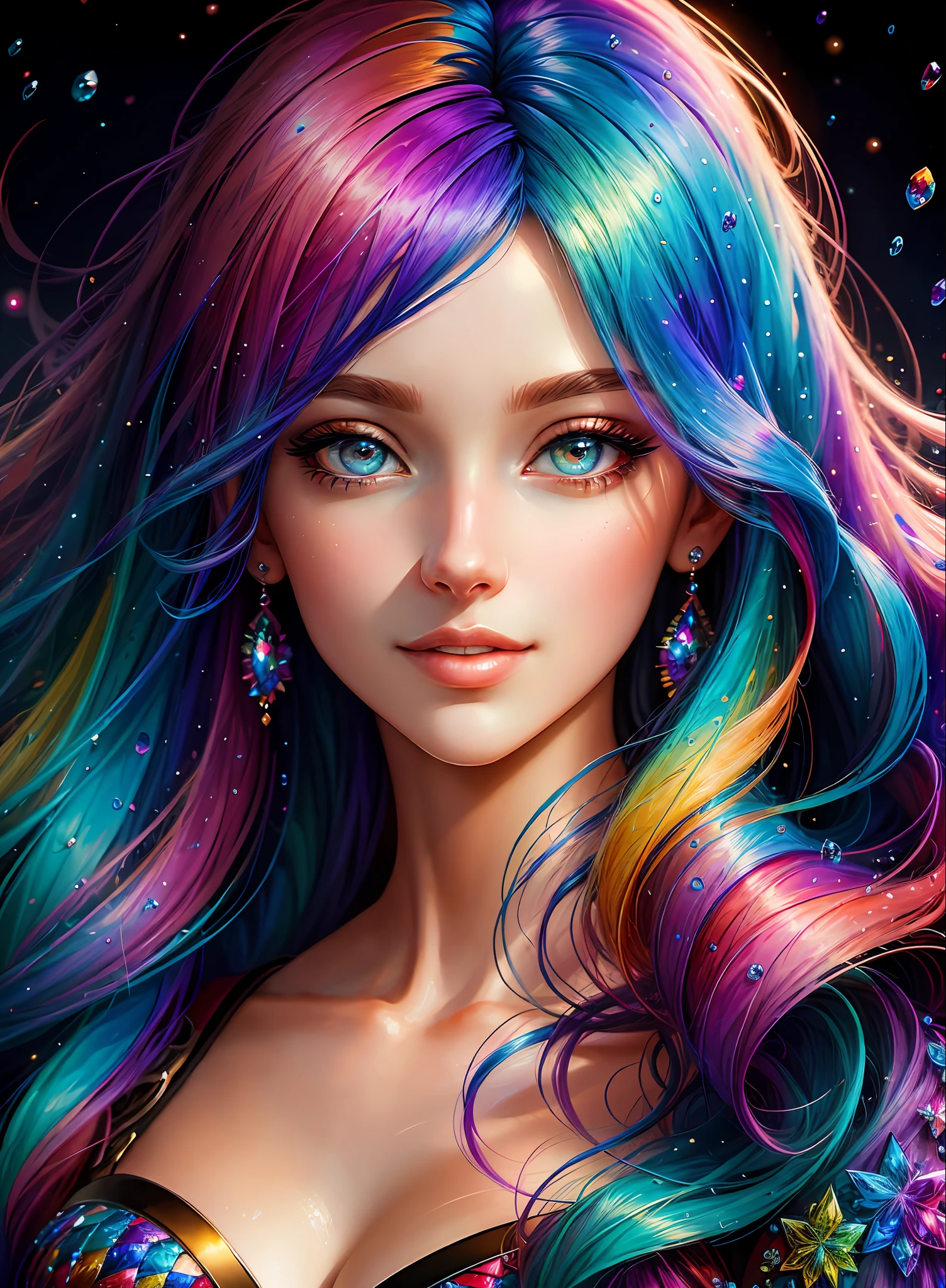 ((Best Quality)), ((Masterpiece)), (Real), (Details), (1 Woman) Close up portrait of a woman with colorful hair, crystal clear and beautiful eyes, 4K high-definition digital art, stunning digital illustrations, stunning 8K artwork, colorful digital fantasy art, colorful and dark, beautiful digital artwork, colorful digital painting, Digital Anime Art, Portrait of Beautiful Bright Smiling Woman, 8K HD Digital Wallpaper Art, Gorgeous Digital Painting