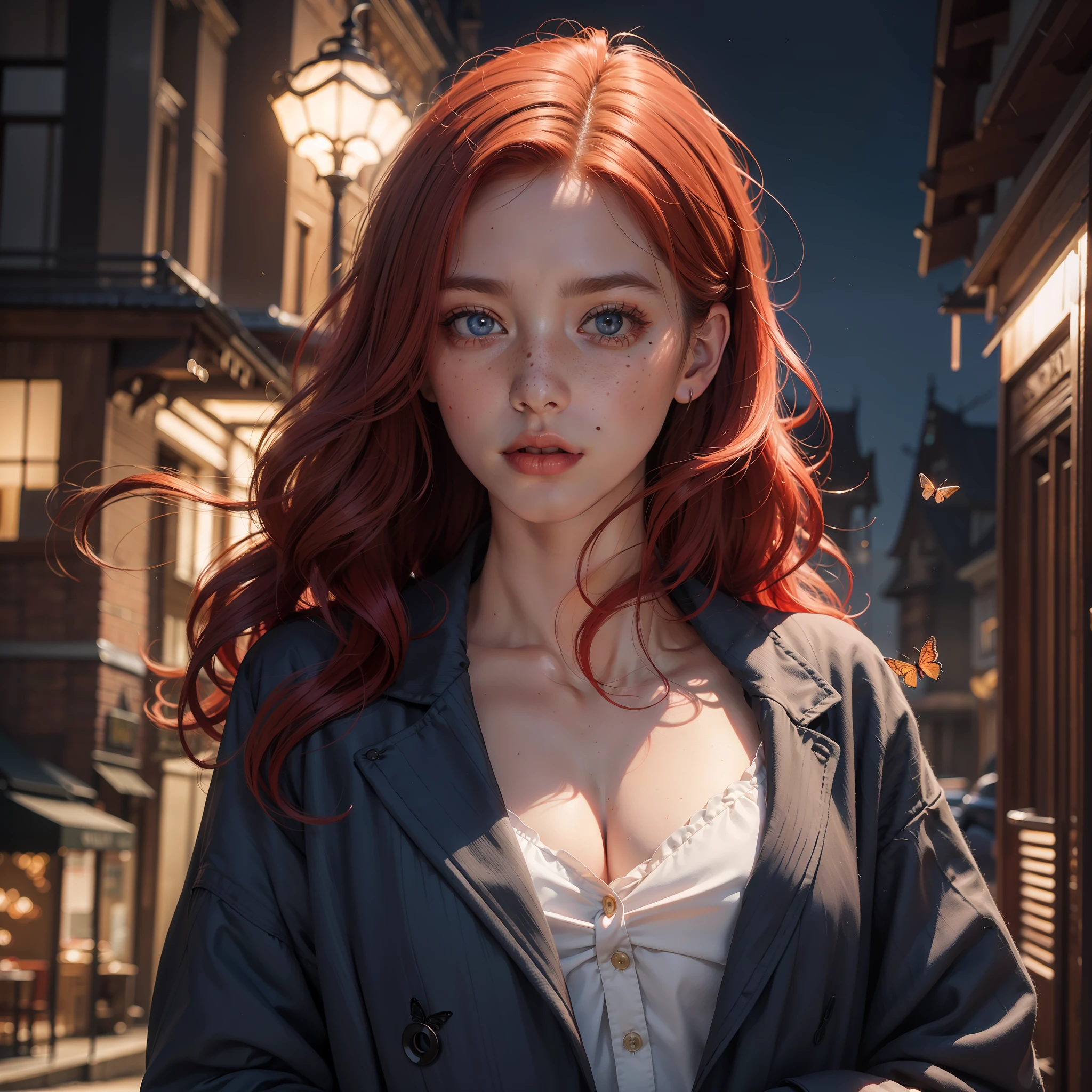 A close up of a woman with red hair and a jacket - SeaArt AI