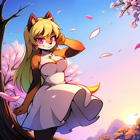cherry_blossoms, falling_petals, petals, branch, pink_flower, 1girl, blue_sky, spring_\(season\), petals_on_liquid, flower, hanami, dress, Long blond curly hair, solo, day, sky, short_hair, outdoors, cloud, bangs, smile, pink_eyes, white_dress, bare_should...