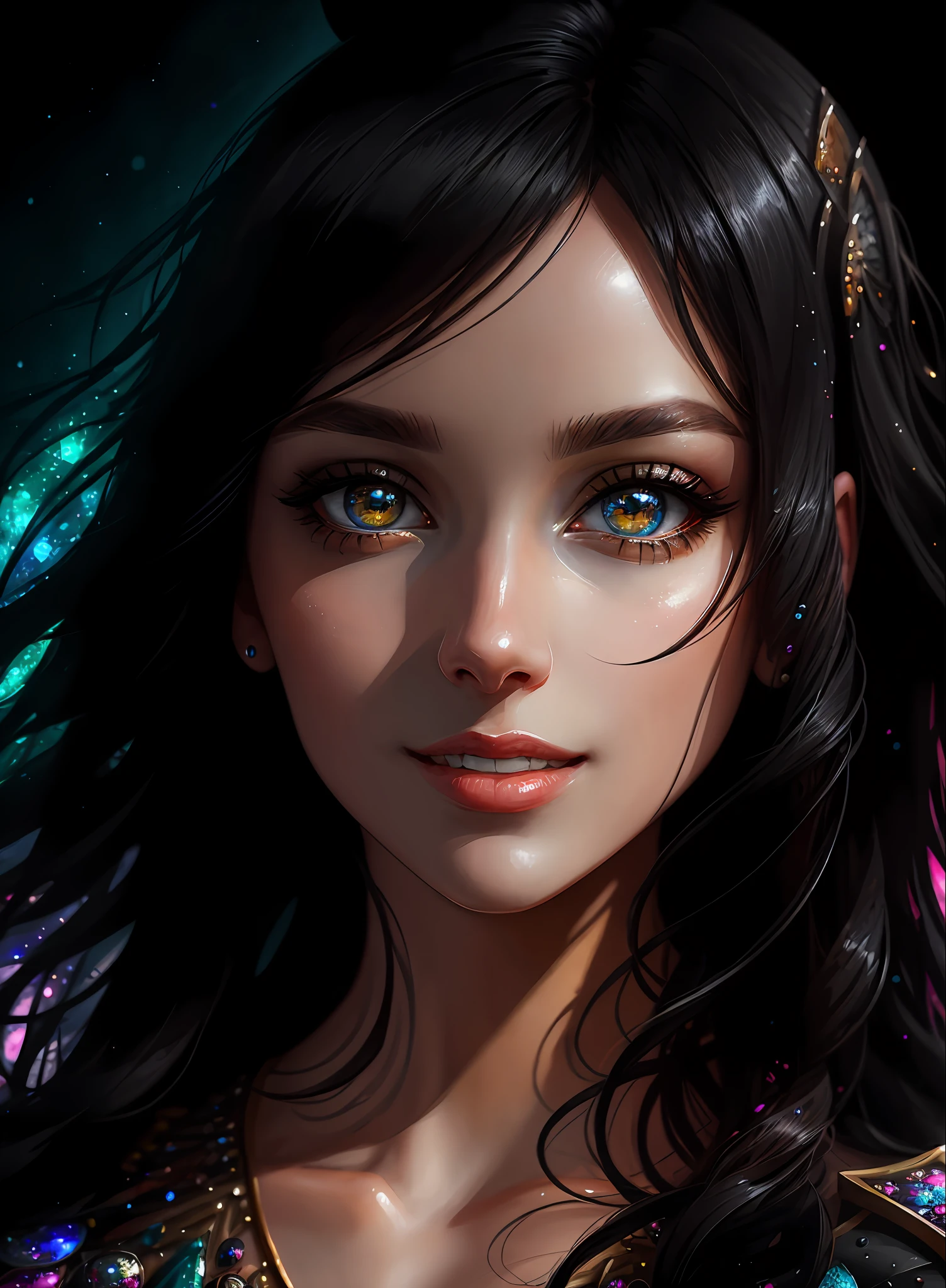 ((Best Quality)), ((Masterpiece)), (Real), (Details), (Details), (1 Woman) Close up portrait of a woman with black hair, eyes shining as beautiful as diamonds, 4K high-definition digital art, stunning digital illustrations, stunning 8K artwork, colorful digital fantasy art, colorful bright, beautiful digital artwork, colorful digital painting, Digital Anime Art, Portrait of Beautiful Bright Smiling Woman, 8K HD Digital Wallpaper Art, Gorgeous Digital Painting