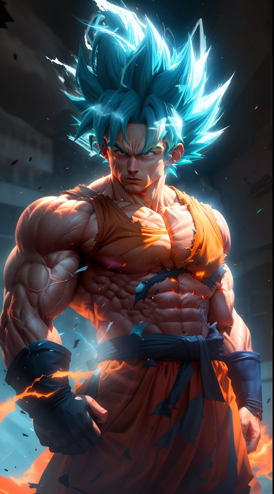 Goku super saiyan, adult man with extremely muscular neon blue hair, defined muscles full of veins, dark orange colored clothing totally torn, white gloves, serious face, muscle definition, large shoulders, rounded biceps, unreal engine 5.8k.