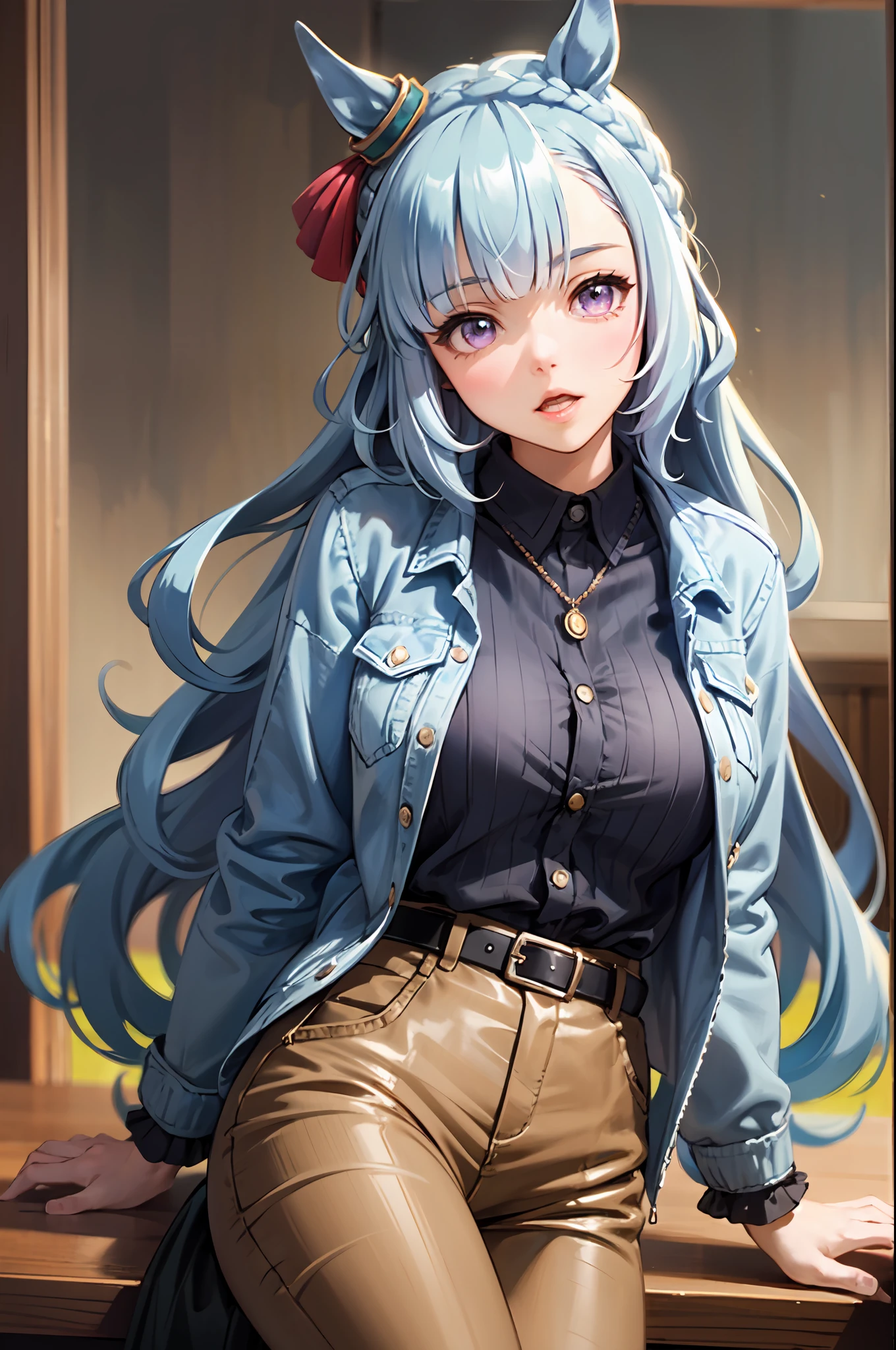 best quality,masterpiece, high res, beautiful detailed eyes,ultra-detailed, mejiro ardan \(umamusume\), ear ornament,horse ears, horse tail, blue jacket, black shirt, brown pants, neckless, brown belt, sitting, drunken, bar,