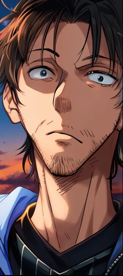 a anime of a man with black hair, close up, jacket, focus, cloud, sunset, color manga, manga color, color manga, color manga pan...