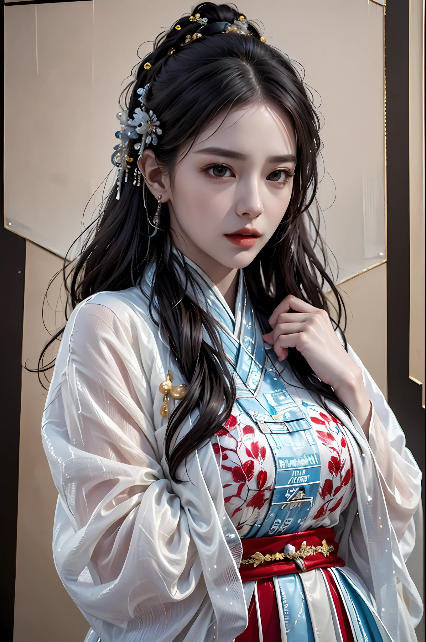 (photorealistic:1.4),8k,(masterpiece), best quality, highest quality,original,highres, unparalleled masterpiece, ultra realistic 8k, perfect artwork, ((perfect female figure)), 1 girl, hips up, detailed face, long hair, black eyes, hanfu