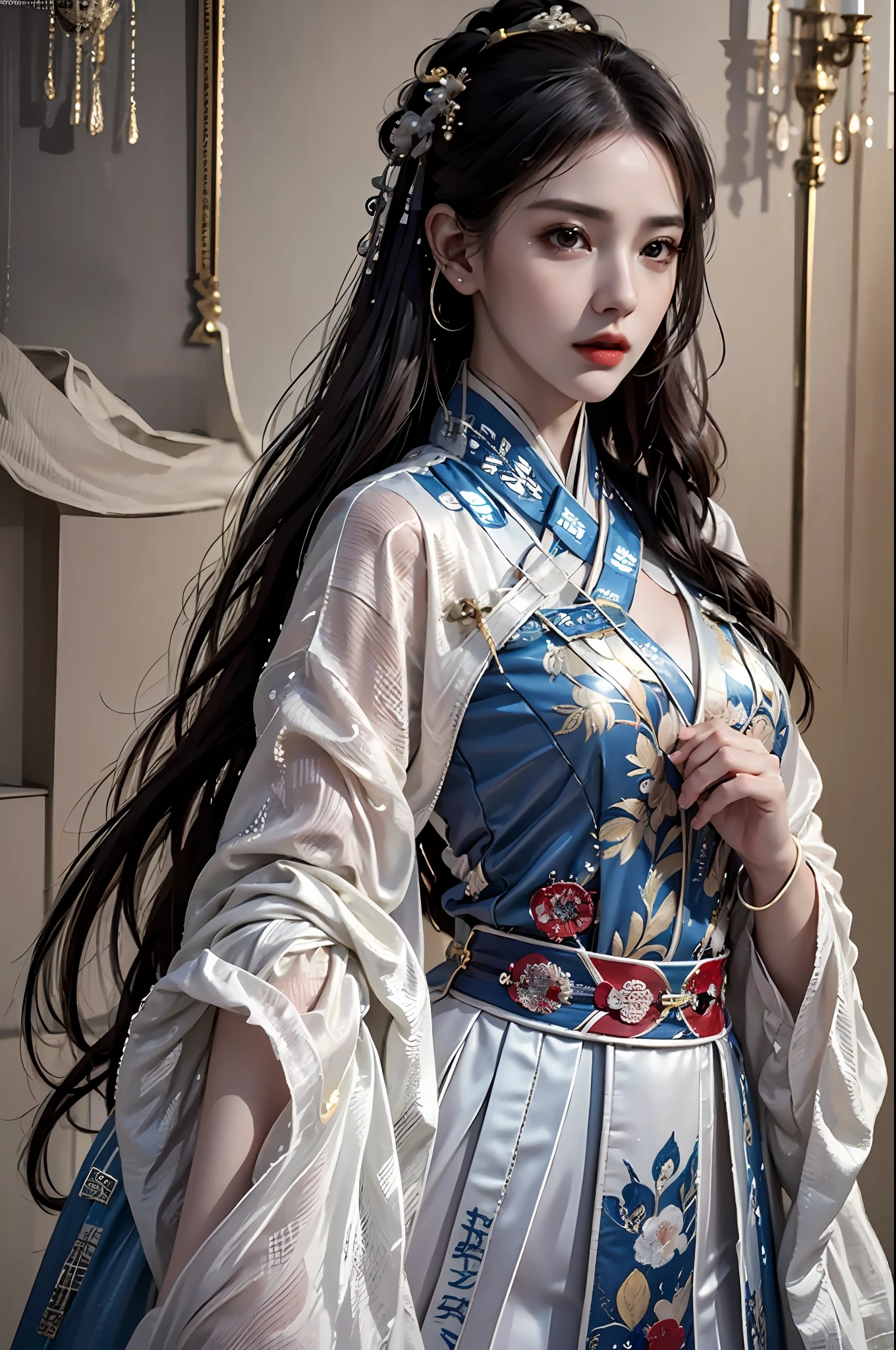 (photorealistic:1.4),8k,(masterpiece), best quality, highest quality,original,highres, unparalleled masterpiece, ultra realistic 8k, perfect artwork, ((perfect female figure)), 1 girl, hips up, detailed face, long hair, black eyes, hanfu