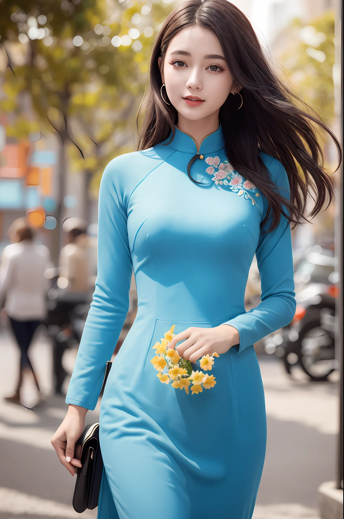 a beautiful girl in vintage colors aodai , masterpiece, best quality, realistic:1.3, street, holding bundle of flowers, sunlight, backlighting, artstation, intricate details, vignett