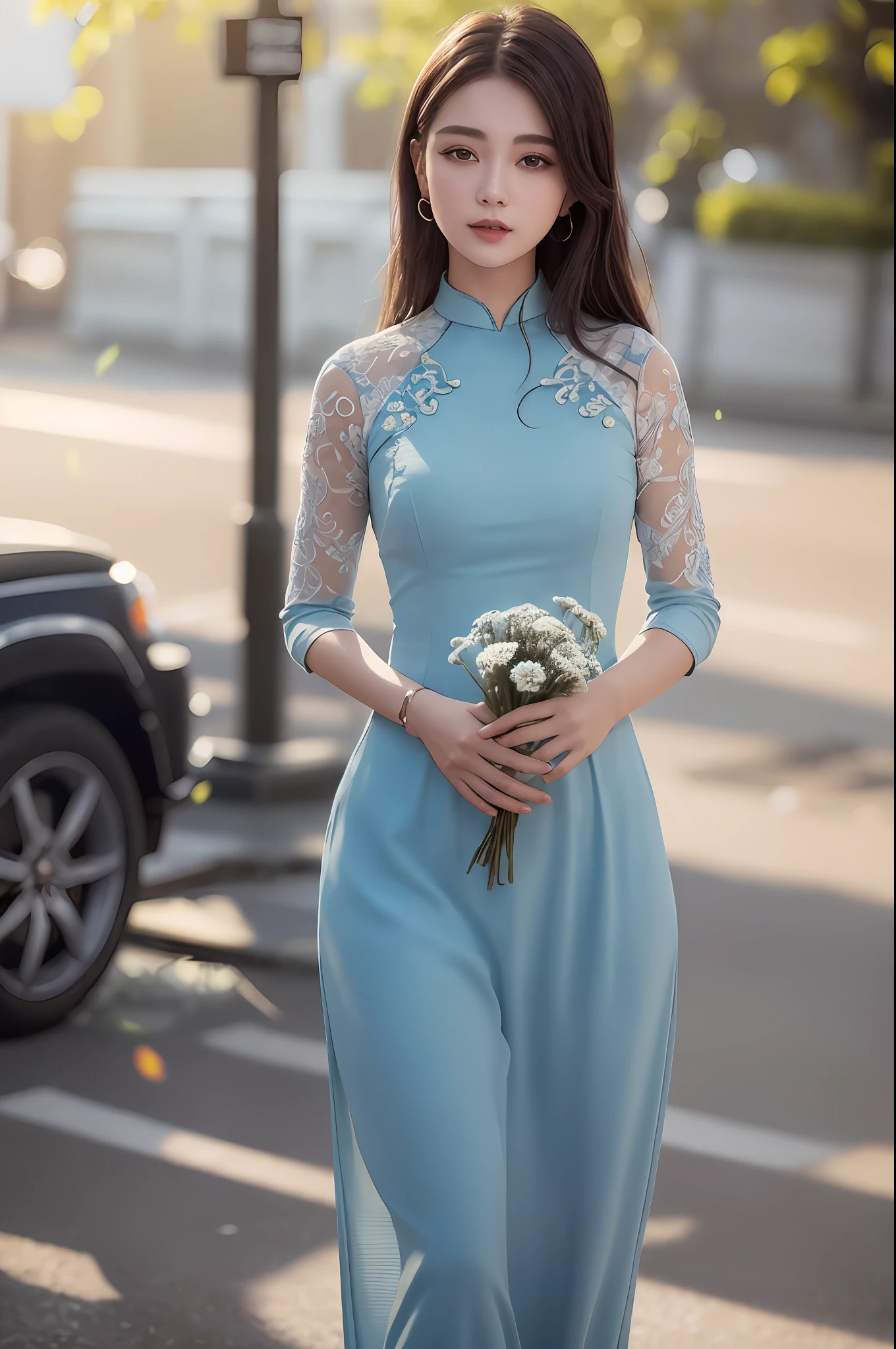 a beautiful girl in vintage colors aodai , masterpiece, best quality, realistic:1.3, street, holding bundle of flowers, sunlight, backlighting, artstation, intricate details, vignett