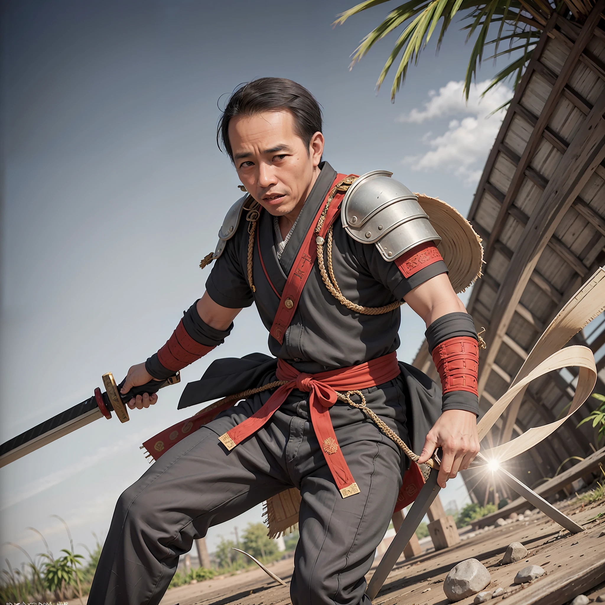 Jokowi as samurai. angry expression,carrying a sword, model photography, potrait,standing, full shot,full body,