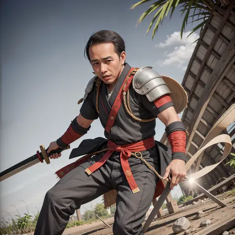 Jokowi as samurai. angry expression,carrying a sword, model photography, potrait,standing, full shot,full body,