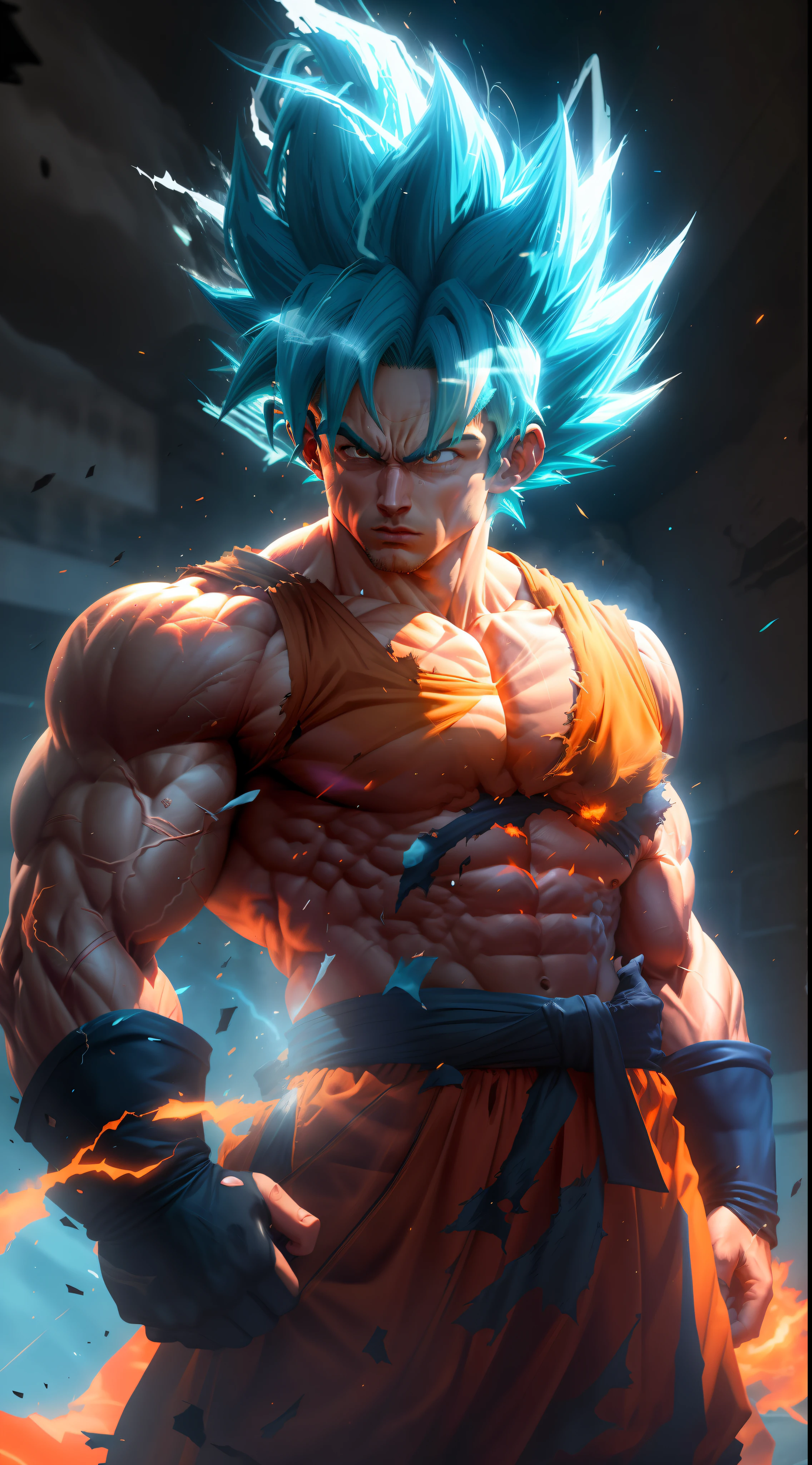 Goku Super Saiyajin, erwachsener Mann mit extrem muskulösen neonblauen Haaren, definierte Muskeln voller Adern, dunkelorangefarbene Kleidung völlig zerrissen, Weiße Handschuhe, ernstes Gesicht, Muskeldefinition, große Schultern, abgerundeter Bizeps, Unreal Engine 5.8k.
