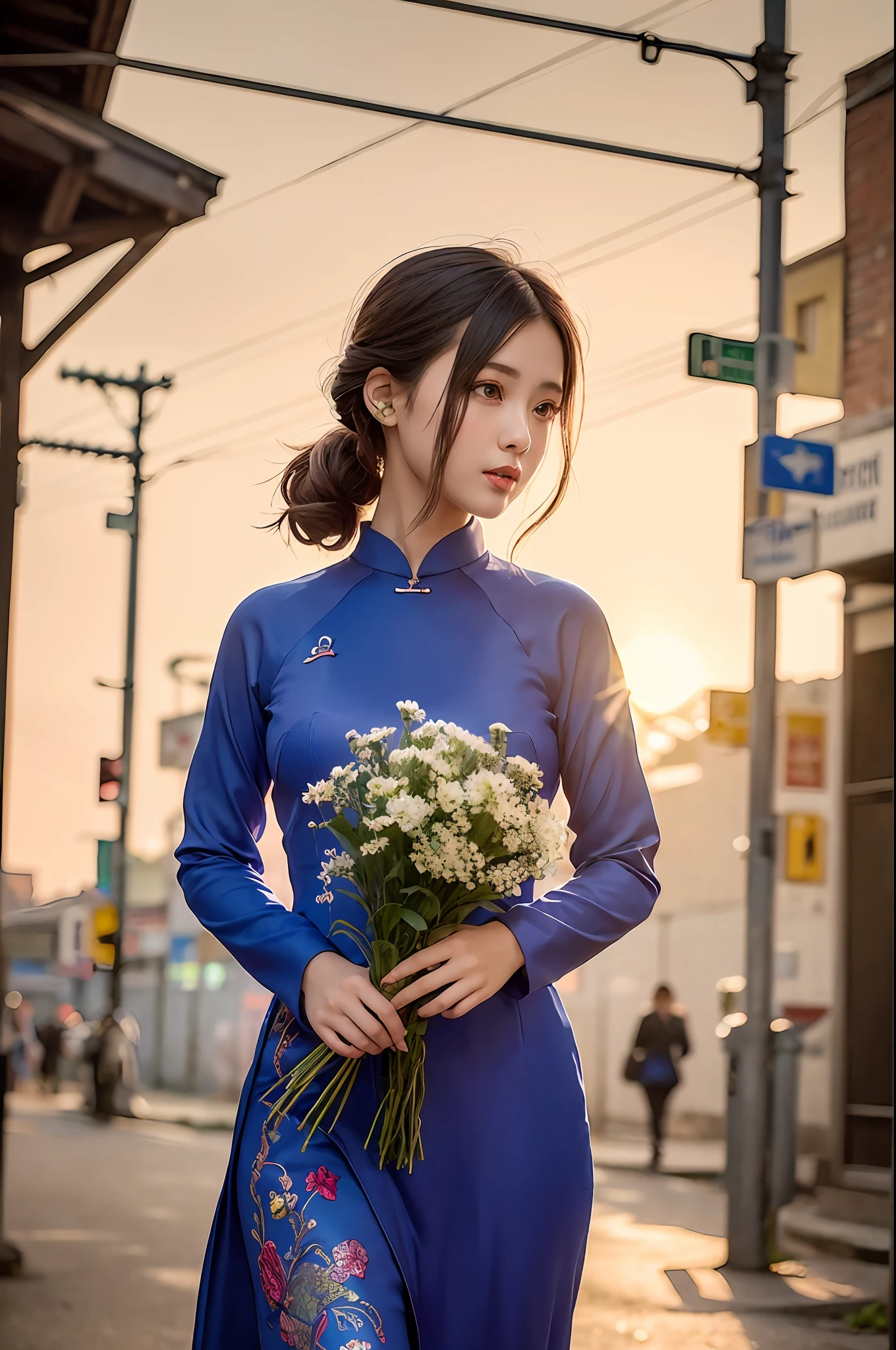 a beautiful girl in vintage colors aodai , masterpiece, best quality, realistic:1.3, street, cyberpunk, holding bundle of adubon flowers, sunlight, backlighting, ((((hdr)))), intricate scene, artstation, intricate details, vignette