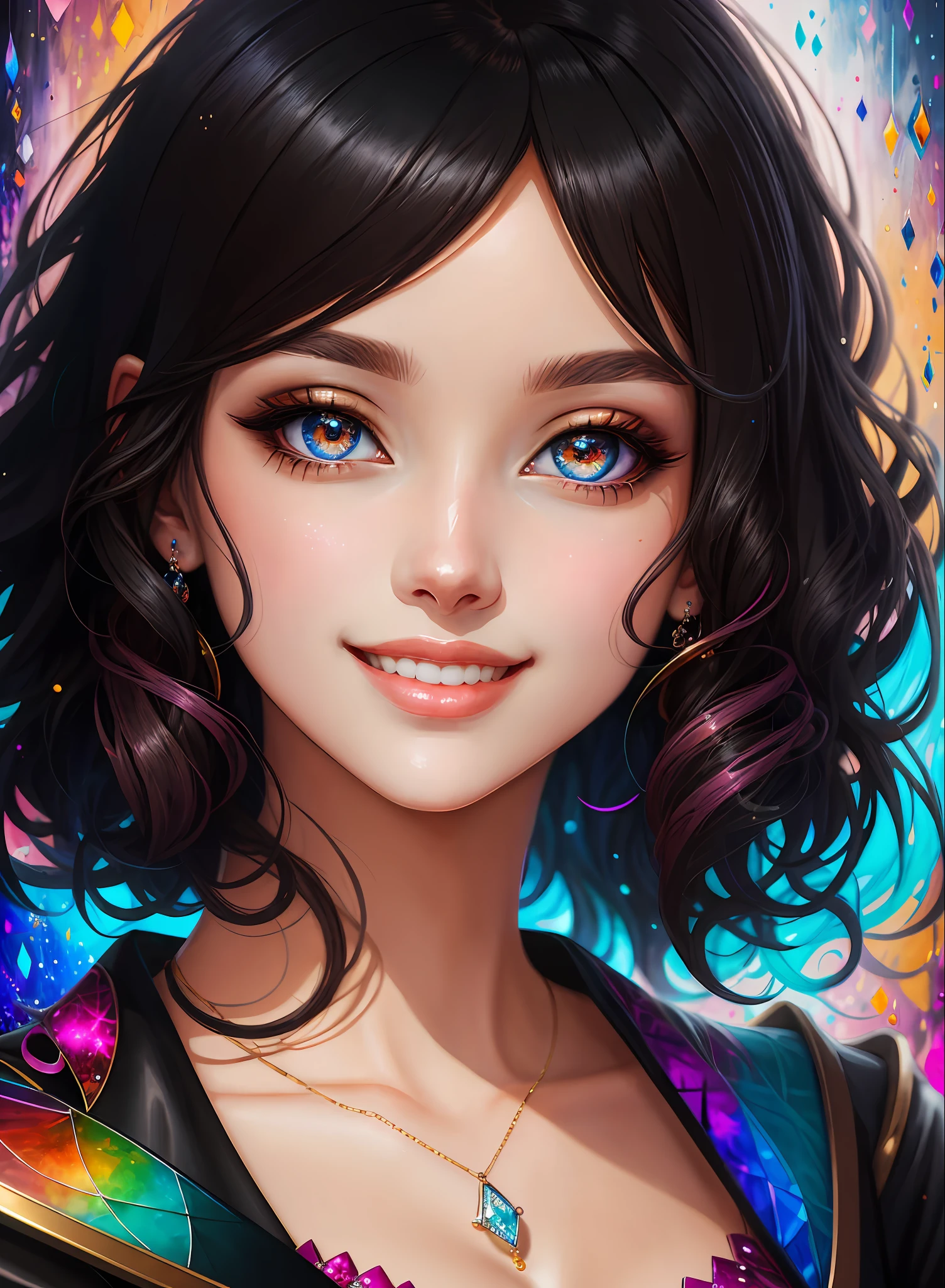 ((Best Quality)), ((Masterpiece)), (Real)), (Detail),Anime Style, (1 woman) Close-up portrait of a woman with black hair, eyes shining as beautiful as pink diamonds, 4K high-definition digital art, stunning digital illustrations, stunning 8K artwork, colorful digital fantasy art, colorful, bright, beautiful digital artwork, Colorful Digital Painting, Digital Anime Art, Portrait of Beautiful Bright Smiling Woman, 8K HD Digital Wallpaper Art, Gorgeous Digital Painting