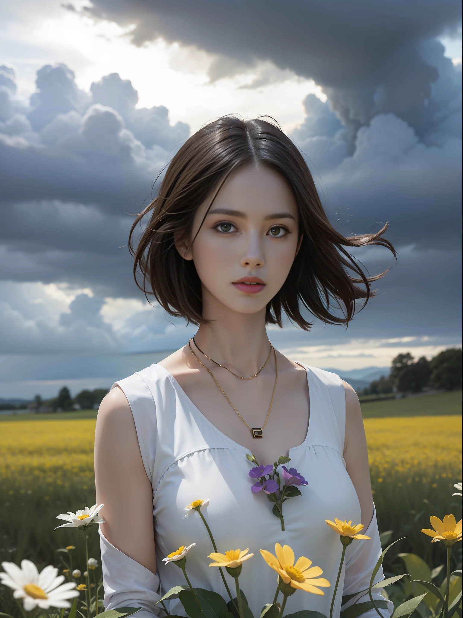 Experience a striking scene with a high fashion model draped in vibrant Gucci, standing tall amidst a wildflower meadow under a stormy sky. This half-body shot for Harper's Bazaar by Alessandra Sanguinetti paints a powerful image of beauty thriving amidst chaos  --ar 1:1 50 --s 2