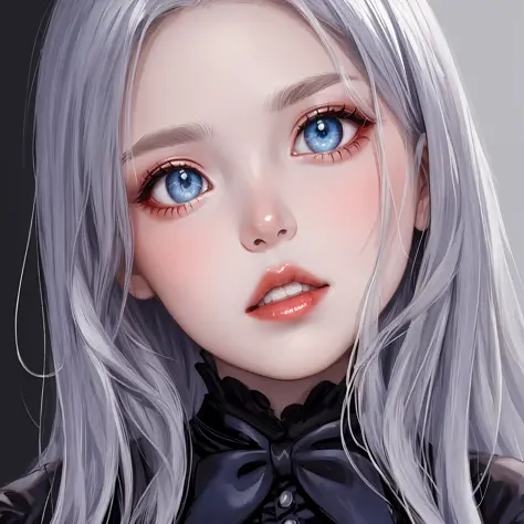 Wednesday, addams side lighting, beautiful eyes finely detailed: 1.2), masterpiece * portrait, realistic, glossy skin, shiny skin, facial light, bright face, (1girl), facial light, shiny face, glossy skin, ((portrait)), face focus, front viewer, blue strip...