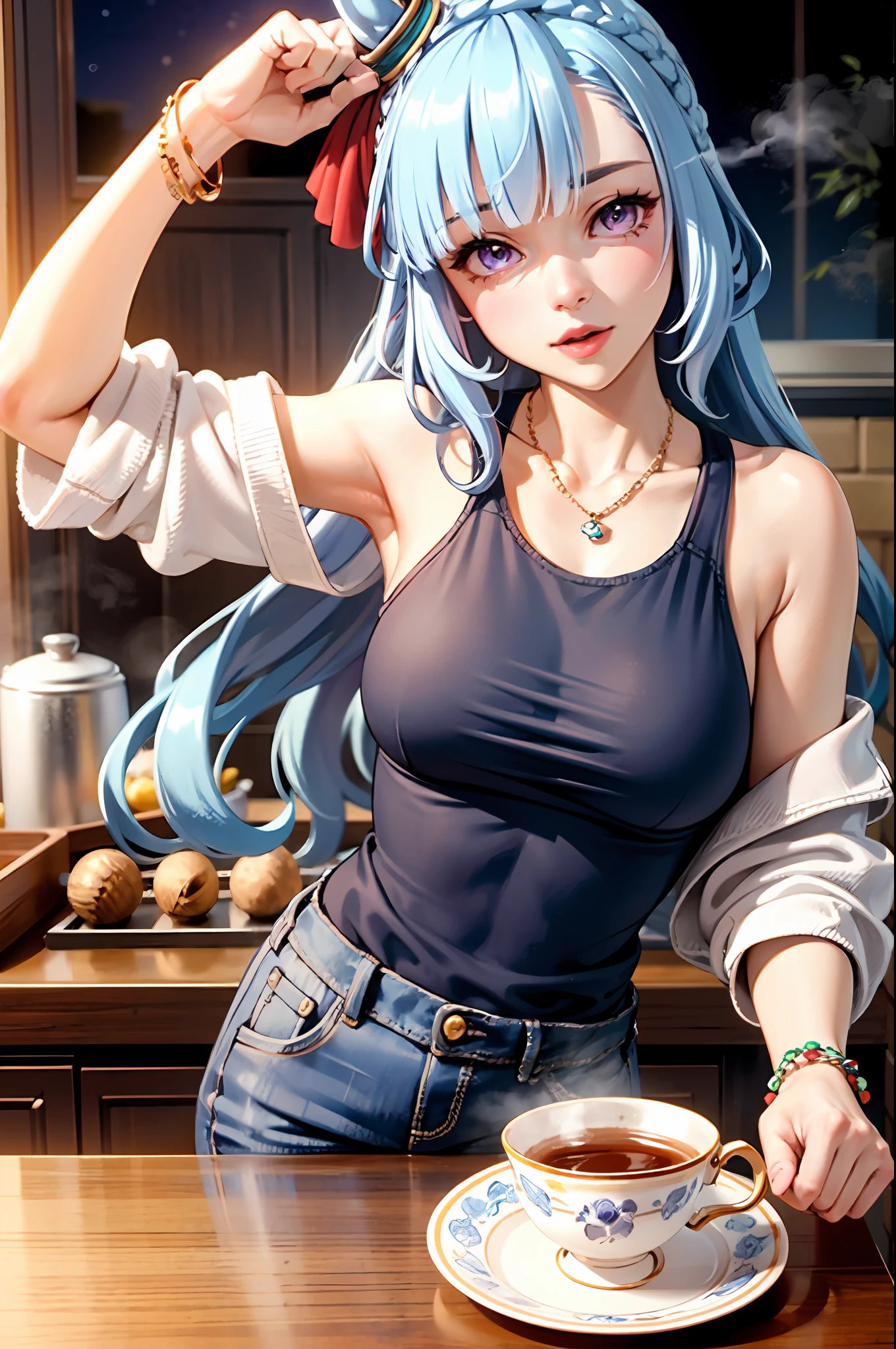 best quality,masterpiece, high res, beautiful detailed eyes,ultra-detailed, mejiro ardan \(umamusume\), ear ornament,horse ears, horse tail,  trousers, white tank top, (blue apron), bracelets, jewellery, casual, necklace, holding a teacup, steam, summer, night, kitchen,