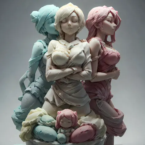 Ice cream, pretty girl figures, (bust sculpture), clay, blind box, (cute), {(three-headed body)}, cute girly, simple, exquisite ...