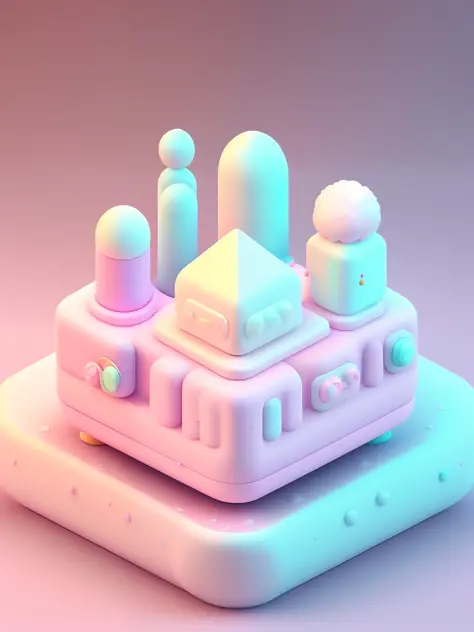 Microscopic world, isometric view of cute kawaii keyboard, (pink, white, yellow, purple), cozy and soft, lighting particles, dynamic light effects, futuristic, incredible detail, super resolution, palace