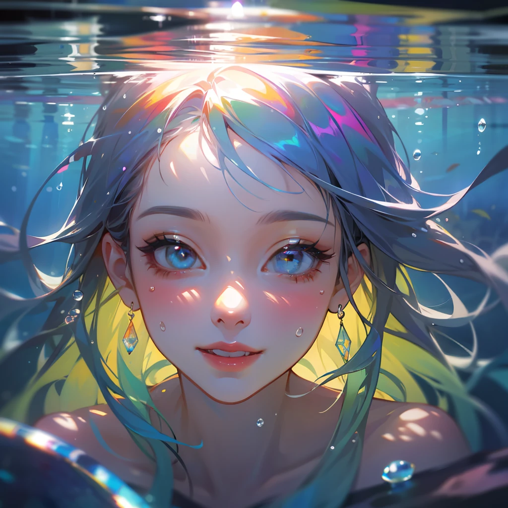 Girl swimming underwater, laughing, colorful colors, surrounded by colorful sea creatures and plants, Kavasi style, masterpiece, realistic ultra-detailed rendering style, hyperrealistic oil painting, head close-up, exaggerated perspective, Tyndall effect, realistic, water drops, mother-of-pearl, iridescent colors, holographic white