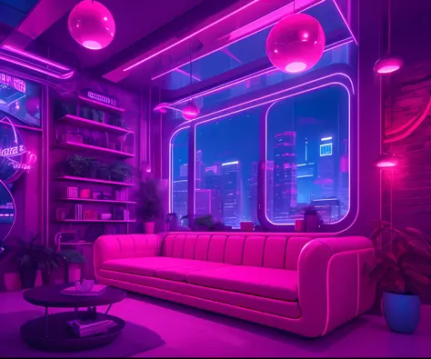 ((masterpiece)), (ultra-detailed), (intricate details), (8k high-resolution CGI art), Create an image of a small cyberpunk (coffee shop) retro-futuristic and realistic vaporwave overnight. One of the walls should feature a large window with a bustling, col...